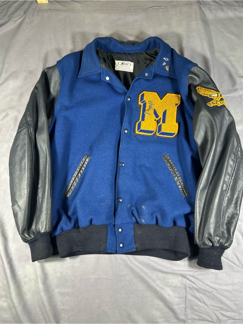 Vintage Blue & Black Letterman Jacket with Yellow Patch